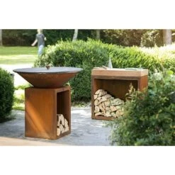 Billot Corten Et Bois De Teck 90 Cm - Ofyr -Outdoorchef Shop ofyr billot range bois 90 cm 7430440799784 2